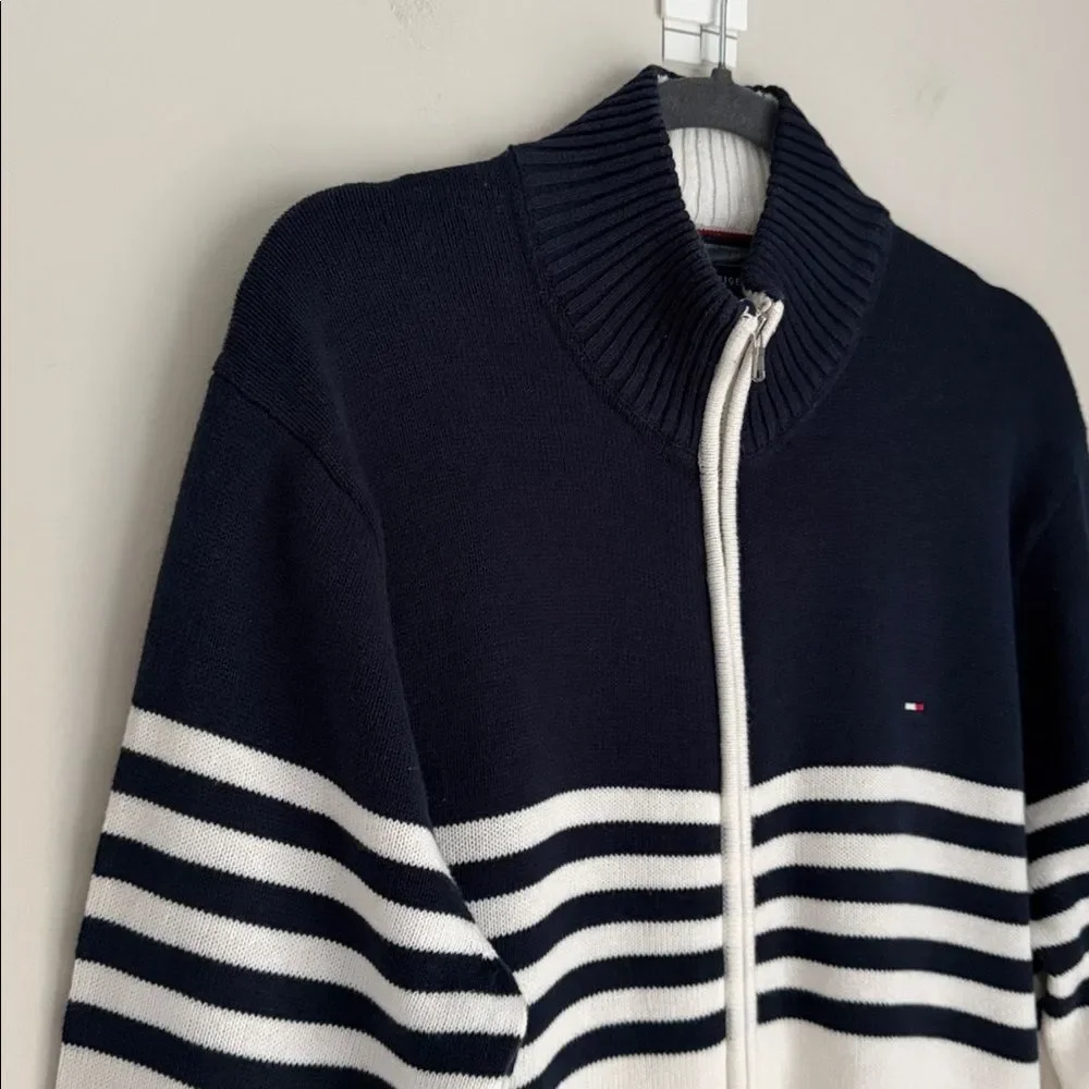 Tommy Hilfiger Men’s Navy & White Stripe Full Zip Cotton Sweater Nautical Size L - Picture 3 of 11
